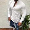 Men's Casual Shirts Men Linen Long Sleeve Top V Neck Button Up Shirt Male Business Fit Blouse Solid