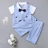 Kläderuppsättningar Summer Toddler Baby Boys Gentleman Outfits Woven Cotton Short Sleeve Shirt Pants Bow Tie 3pcs Overalls Formella kläduppsättning