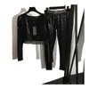 New Womens Two Piece Sequin pants Autumn and Winter Fashion Suit Letter Ribbon Waistband Long Sleeve Top Elastic Slim Leggings pant Sets Black S M L