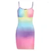 Vestidos casuais férias de verão mulheres sexy sexy spaghetti tira profunda o pescoço tize corante colorido mini bodycon lápis vestido de pakage