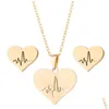 Earrings Necklace Fashion Stainless Steel Love Heart Women Gold Heartbeat Stud Jewelry Sets For Girls Wedding Drop Delivery Dhvio