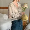 Women's Blouses Korobov herfst ruches chiffon tops printen lange mouwen kanten chic blouse v nek zachte mode blusas mujer de moda 2022