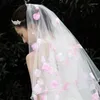 Bridal Veils romantyczna sukienka w zasilanie ślubne różowe warstwy dekoracji płatków warstwy tiulowa krawędź wstążki 2022