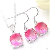 Boucles d'oreilles Collier Luckyshine Femmes Cadeau Rond Rose Bi Coloré Tourmaline Gems 925 Sterling Sier Plaqué Pendentifs Goutte Fiançailles Je Dhgig