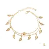 Tornozelets Sier Gold Double Double Tassel Leaf Bracelets Beach Foot Chain Fashion Jewelry for Women K3408 Drop Delt Dhbtu