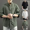 Erkekler Sıradan Gömlek Keten Gömlek Erkekler Giyim Düğmesi Up Stand yaka Pamuk Vintage Üç Çeyrek Kollu Adam Japonca