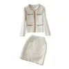 Women's v-neck beading gem paillette patched tweed lurex coat and short skirt twinset 2 piece dress suit SMLXLXXL