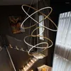 Pendant Lamps Postmodern Ring LED Chandelier Duplex Staircase El Golden Stainless Steel Nordic Minimalist Free Combination Art Lighting