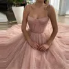 Party Dresses 2022 Gold Stars Dusty Pink Tulle Prom Spaghetti Straps With Ties Bow Pockets Ruched Long Evening Gowns