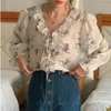 Women's Blouses Korobov herfst ruches chiffon tops printen lange mouwen kanten chic blouse v nek zachte mode blusas mujer de moda 2022