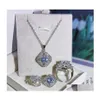 Ensembles de bijoux de mariage Sparkling Live Luxury Set 925 Sterling Sier Round Cut Moissanite Cz Diamond Gemstones Ring Collier Stud Earrin Dhbic