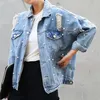 Vestes pour femmes Denim Veste À Manches Longues Manteaux Femmes Lâche Strass Perlé Élégant Vintage Trou Filles Jeans Manteau Plus La Taille