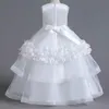 Puffy Flower Girls Dresses 3D Flower V Neck Long Spets Kids Teens Pageant Gowns Birthday Party Dress for Wedding Cooktail Gown