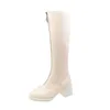 Botas Mujer Hasta La Rodilla Otoño E Invierno Nuevo Estilo Británico Tacón Grueso Botas De Caballero De Barril Alto Cremallera Frontal Blanco