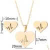 Earrings Necklace Fashion Stainless Steel Love Heart Women Gold Heartbeat Stud Jewelry Sets For Girls Wedding Drop Delivery Dhvio