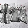 Vêtements de nuit pour femmes Full Slip Lace Sexy White Silk Pyjamas Set Femmes 4pcs Chemise Mariée Kimono Robe De Mariée Chemise De Nuit Peignoir Lingerie