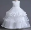 Puffy Flower Girls Dresses 3D Flower V Neck Long Spets Kids Teens Pageant Gowns Birthday Party Dress for Wedding Cooktail Gown