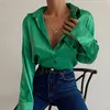 Kvinnors blusar Elegant vintage Silk Blus Office Kvinnor Långärmad blå satinskjorta Autumn Green Casual Loose Female Shirts Tops 22717