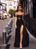 Party Dresses One Sleeve Strapless Long Ball Gown Split Leg Hollow Out Padded Black Glittered Maxi Dress