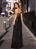 Party Dresses One Sleeve Strapless Long Ball Gown Split Leg Hollow Out Padded Black Glittered Maxi Dress