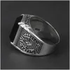 Band Rings Real Pure 925 Sterling Sier Mens With Black O Natural Stone Retro Flower Engraved Punk Rock Vintage Jewelry Drop Delivery Dhgua