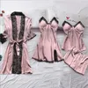 Kadın Pijama Tam Kayma Dantel Seksi Beyaz Ipek Pijama Takımı Kadın 4 adet Chemise Gelin Kimono Düğün Robe Gecelik Bornoz Iç Çamaşırı