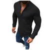Men's Casual Shirts Men Linen Long Sleeve Top V Neck Button Up Shirt Male Business Fit Blouse Solid