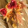 Decorative Flowers Autumn Fake Rose Room Table Decor Fall Gerbera Daisy Artificial Flower Bouquet For Home Wedding Decoration Leave