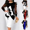 Vestidos casuais mulheres vestido midi vestido o-gola quadrada colarinho malha longa manga longa wrap wrap outumn elegant borboleta impressão bodycon para roupas de festa