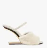 Winter Nice First Women Sandals Shoes Fur Strap Gold-colored F-shaped Sculpted Heels Lady Mules Party Dress Peep Toe Slippers EU35-43