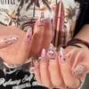 False Nails 24Pcs Long Almond Press On With Blue Rhinestone Flower Design Fake French Full Cover Nail Acrylic Tips