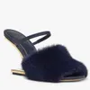 Winter Nice First Women Sandals Shoes Fur Strap Gold-colored F-shaped Sculpted Heels Lady Mules Party Dress Peep Toe Slippers EU35-43