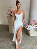 Casual klänningar wsevypo backless bandage satin lång fest klänning elegant kvinnor ärmlös hög split wrap afton sexig klänning vestidos