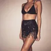 Jupes Femmes Sexy Ventre Jupe Paillettes Fringe Minijupe Avec Taille Réglable Bretelles Mini Pour Danse Performance Été