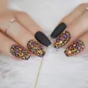 False Nails Black Color Coffin Short Matte Input Rhinestones Decoration Nail Art Design Colorful Crystal Diamond EchiQnail