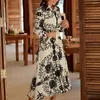 Casual Dresses Autumn Dress Lapel 3/4 Sleeve Large Hem Women Beach Style Floral Print Belt Midi Shirt Female Clothes Streetwear