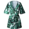 Women's Jumpsuits Women Summer Tropical Leaves Print V-neck Bandage Romper Short Pants Jumpsuit Femme