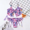 Kvinnor Tv￥del Sest Sexig Bikini Floral Print Purple Color SwimeWear QJ1527 Summer Fashion Sporty Beach Suit Suspender Swimsuit 2023 New Bathing Suit