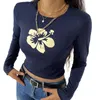 Kvinnors T-skjortor Casual Women's Cute Flower T-shirts Crop Tops Y2k l￥ng￤rmad rund halstr￶ja Pullover f￶r h￶stvinter