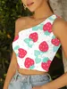 Débardeurs pour femmes 3D Débardeurs Strawberry Vest Femmes Fleur Chemise Sans Manches Lovely Tees Graphic Harajuku Une Épaule Crop Vêtements Pour Femmes