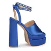 Sandaler Spring Summer Diamonds Strap Chunky Heel Open Toe Square Platform High Heels 14 cm Big Size 43