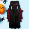 Abiti casual Abito da donna Halloween Fantasma Stampa a forma di ali di pipistrello Maniche lunghe Fasciatura incrociata Stile gotico Cosplay Abito da festa retrò