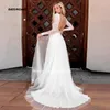 Brautkleid Vestidos De Novia Boho Strand Tüll U-Ausschnitt Langarm Sweep Zug Spitze Illusion A-Linie rückenfreies Brautkleid