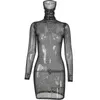 Casual Dresses Women's Sequined Mesh See-through Sexy Dress Slim Fit Long Sleeves With Face Protector Shiny Mini Clubwear