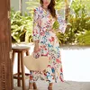 Casual Dresses Autumn Dress Lapel 3/4 Sleeve Large Hem Women Beach Style Floral Print Belt Midi Shirt Female Clothes Streetwear