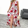 Casual Dresses Women Banquet Dress Solid Color Soft Elegant Tight Waist Sleeveless Flower Print Deep V Neck Prom Female Clothes