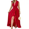 Robes décontractées femmes robe de Banquet couleur unie doux élégant taille serrée sans manches fleur imprimer col en V profond bal vêtements féminins