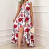 Casual Dresses Women Banquet Dress Solid Color Soft Elegant Tight Waist Sleeveless Flower Print Deep V Neck Prom Female Clothes