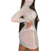 Casual Dresses Women's Sequined Mesh See-through Sexy Dress Slim Fit Long Sleeves With Face Protector Shiny Mini Clubwear