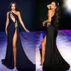 Fashion Sequins Black Mermaid Evening Dresses One Shoulder Beading Crystal High Split Prom Dress Simple Formal Party Gowns